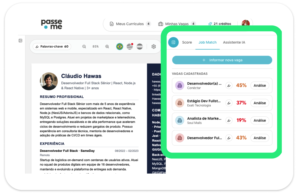 Tela de aderência à vaga do Passe-me com percentuais de compatibilidade por vaga