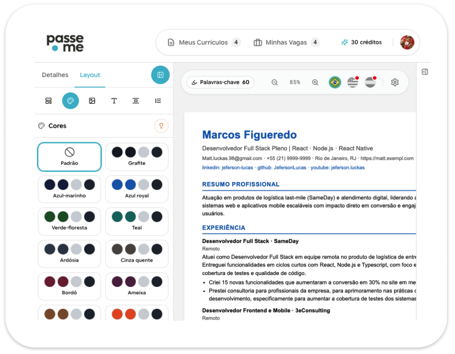 Editor do Passe-me mostrando a escolha de cores e o currículo sendo editado